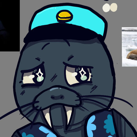 a drawing of walter walrus from shipwrecked 64, he is a dark blue walrus with a light blue captain's hat and a blue floral shirt!