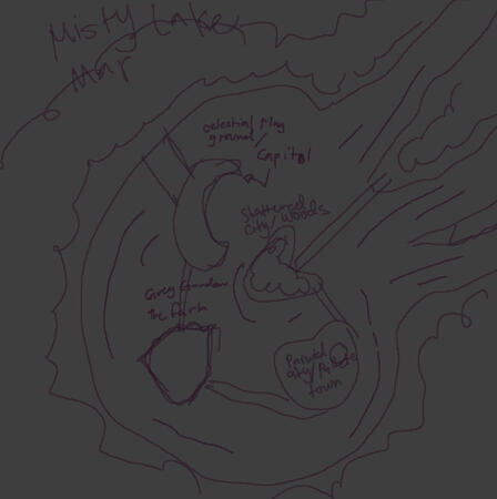 A sketch of a map for my story, its Misty Lake a small town in a lake with three rivers branching out of it.